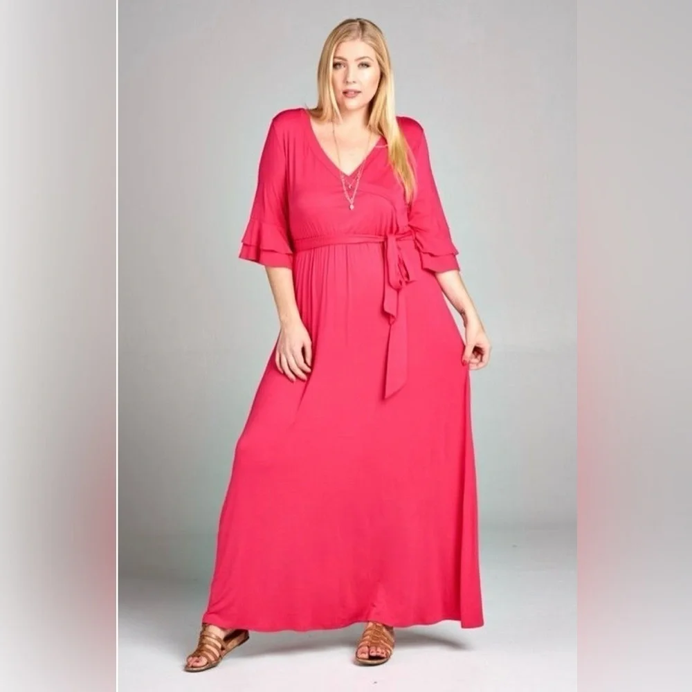 New!Plus Size Solid Jersey Knit Maxi Dress with Faux Sizes 1X 2X 3X Made…